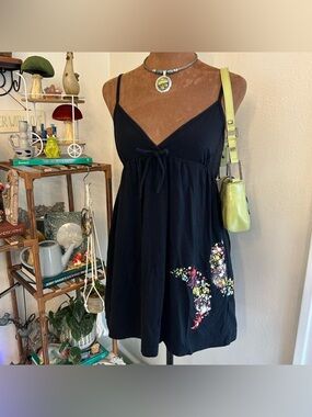 Y2K  Surfcore Grunge Black Hurley Babydoll Long Tank Top w Paint Splatter Logo